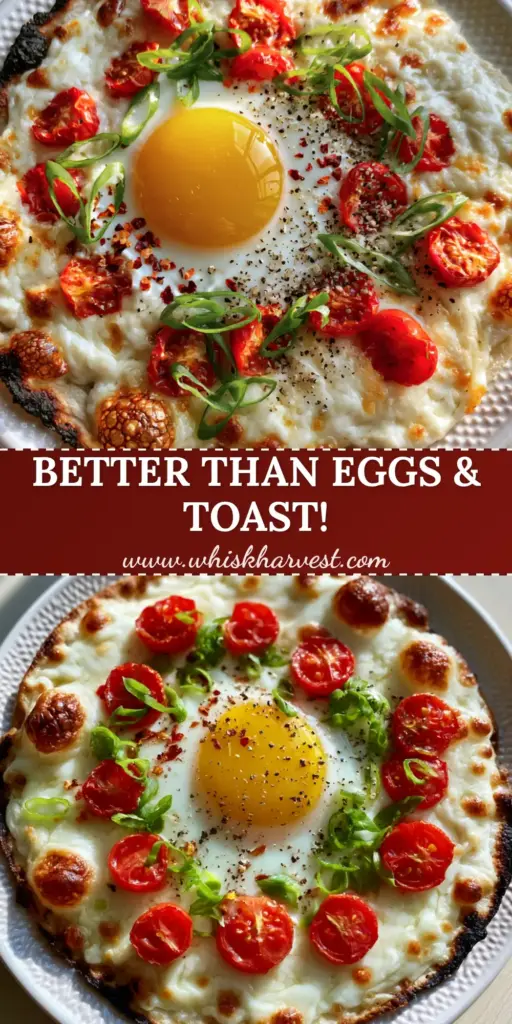 A handheld smartphone photo of a breakfast flatbread with a runny sunny-side-up egg, charred edges, and blistered tomatoes on a white plate.