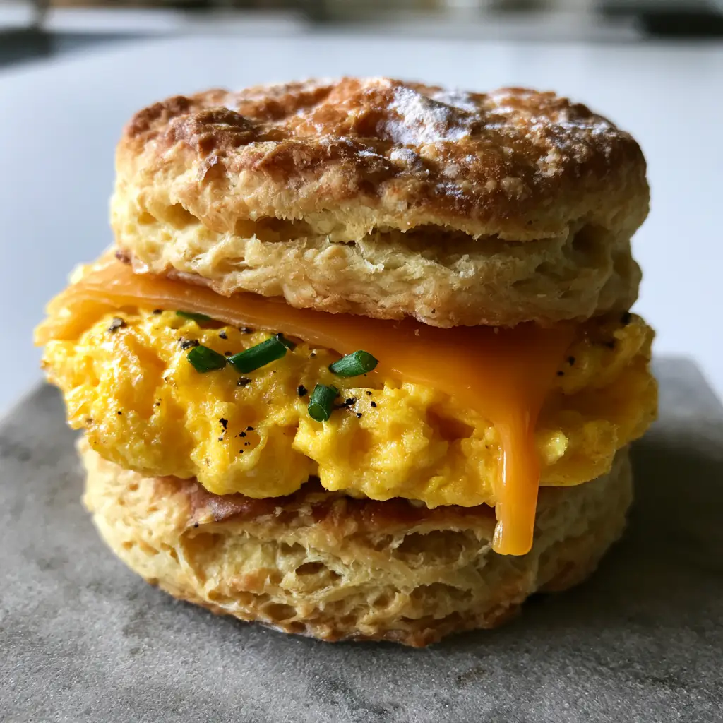 Handheld photo of a stack of two egg biscuits with visible chives and black pepper on a minimalist grey background.