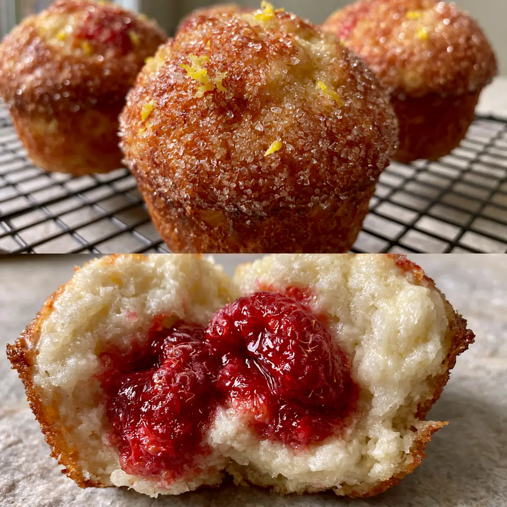 Macro view of a pulled apart muffin showing a white ricotta crumb and molten red raspberries.