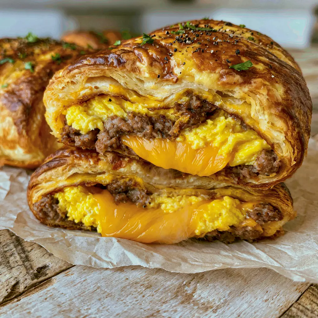 Multiple golden-brown Breakfast roll-ups resting on a rustic wood surface with steam rising. (Breakfast roll-ups)