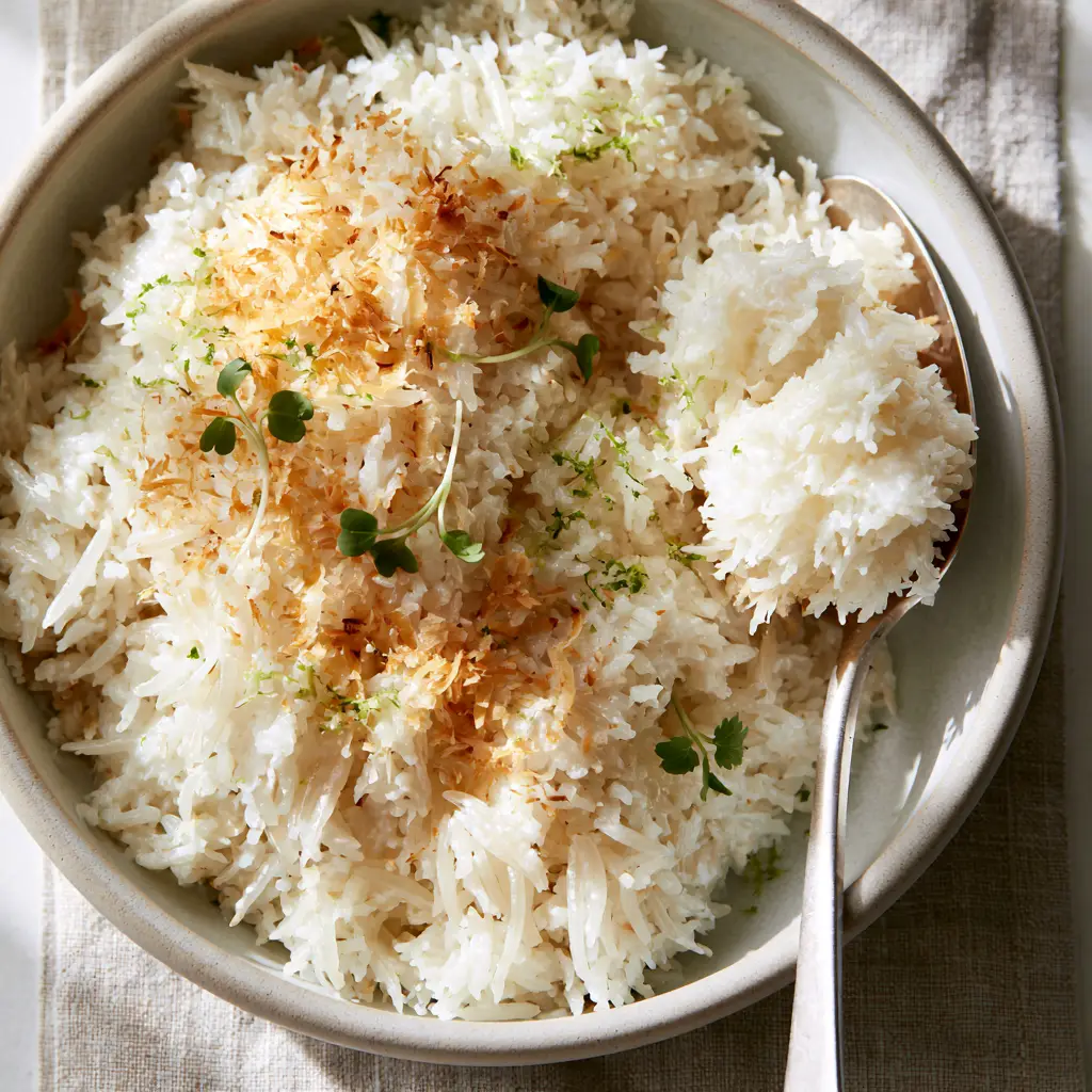 Extreme close-up of toasted golden coconut flakes and lime zest on a Coconut Rice recipe.