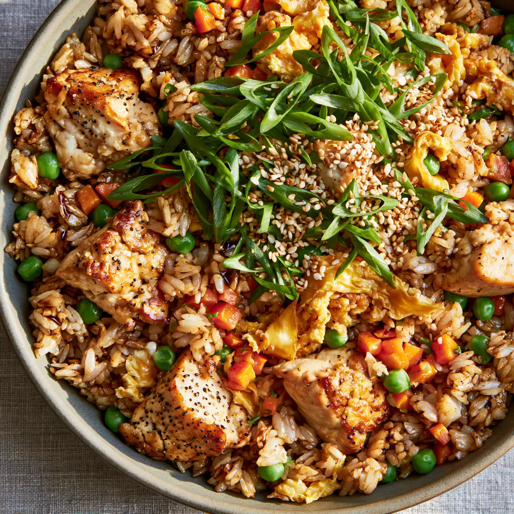 Overhead shot of chicken fried rice featuring ribbons of golden egg and bright green peas. (chicken fried rice)