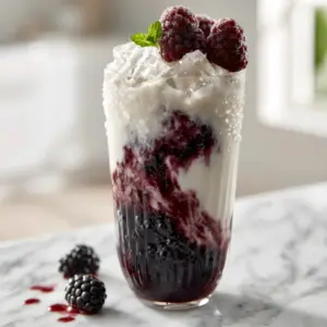 Close up of a blackberry coconut pink drink showing dark violet swirls and crystal square ice cubes.