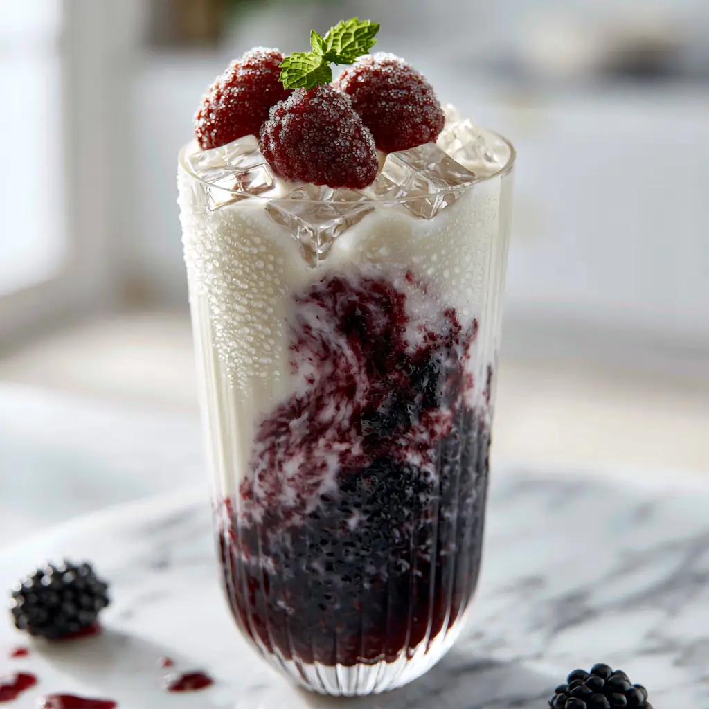 Blackberry coconut pink drink in a ribbed glass with dew-covered blackberries and mint garnish.