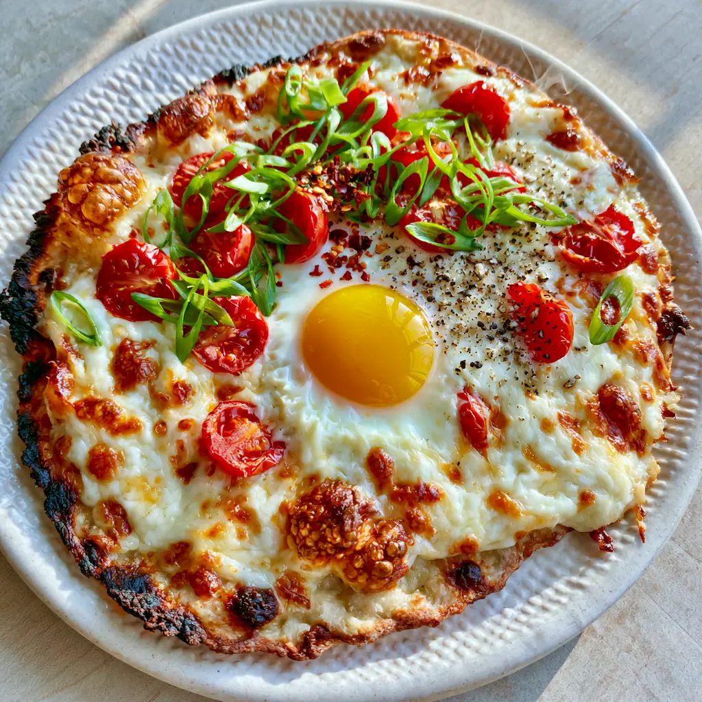 Close up of blistered cherry tomatoes and sliced scallions on a cheesy breakfast flatbread.