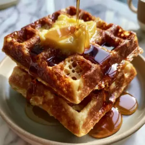 Close up of golden butter waffles showing aerated holes and deep golden-brown ridges.