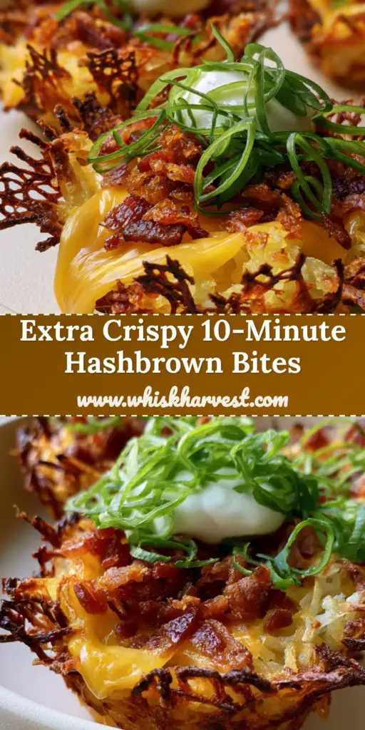 A vertical photo showing extra crispy loaded hashbrown bites on an off-white plate, topped with sour cream, bacon, and green onions. (loaded hashbrown bites)