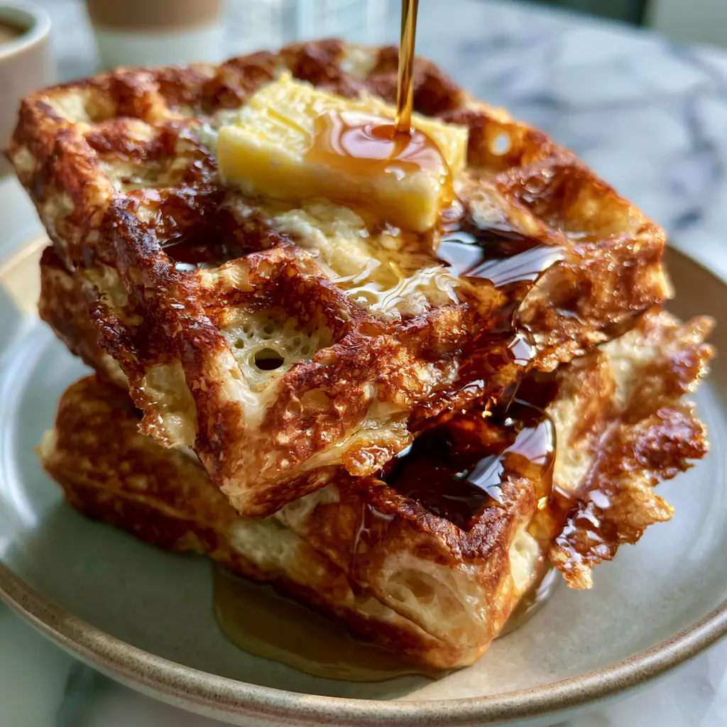 Thick dark amber maple syrup cascading over the crispy edges of golden butter waffles.