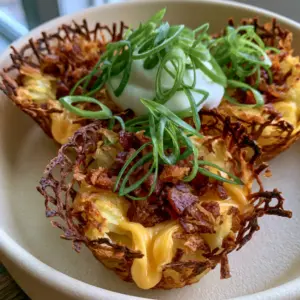 Close up of deep golden brown loaded hashbrown bites with lacey charred edges and oozing yellow cheddar. (loaded hashbrown bites)