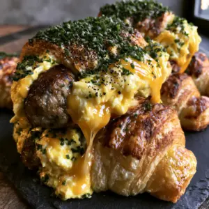 A close-up shot of Sausage Egg and Cheese Roll-Ups with visible molten cheddar and seared pork sausage links.