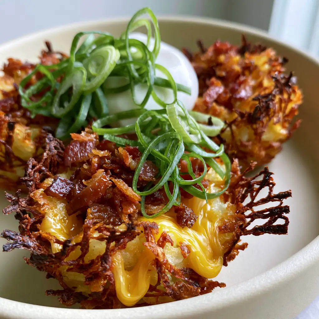 Smartphone photo of loaded hashbrown bites on a ceramic dish with soft side-lighting. (loaded hashbrown bites)