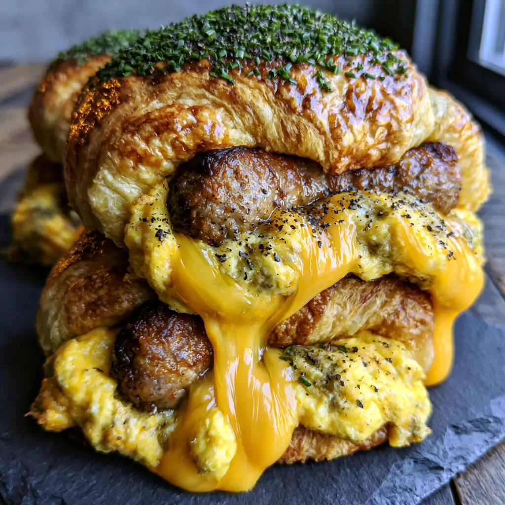 Handheld photo of a breakfast roll-up being pulled apart, showing stretching molten sharp cheddar and fluffy eggs.