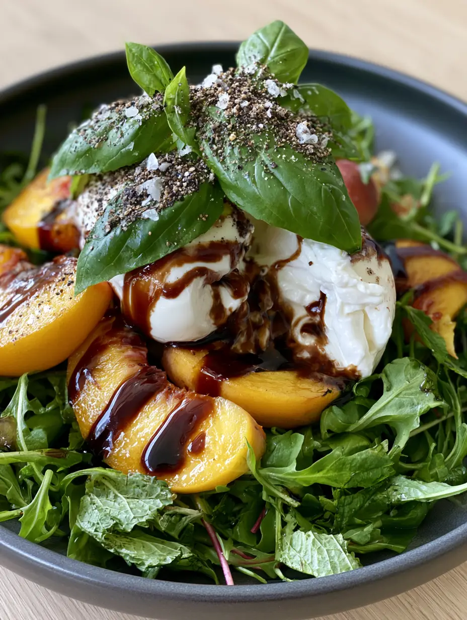 Close-up of juicy yellow peach wedges and oozing white burrata cheese drizzled with dark balsamic glaze. (summer peach salad)