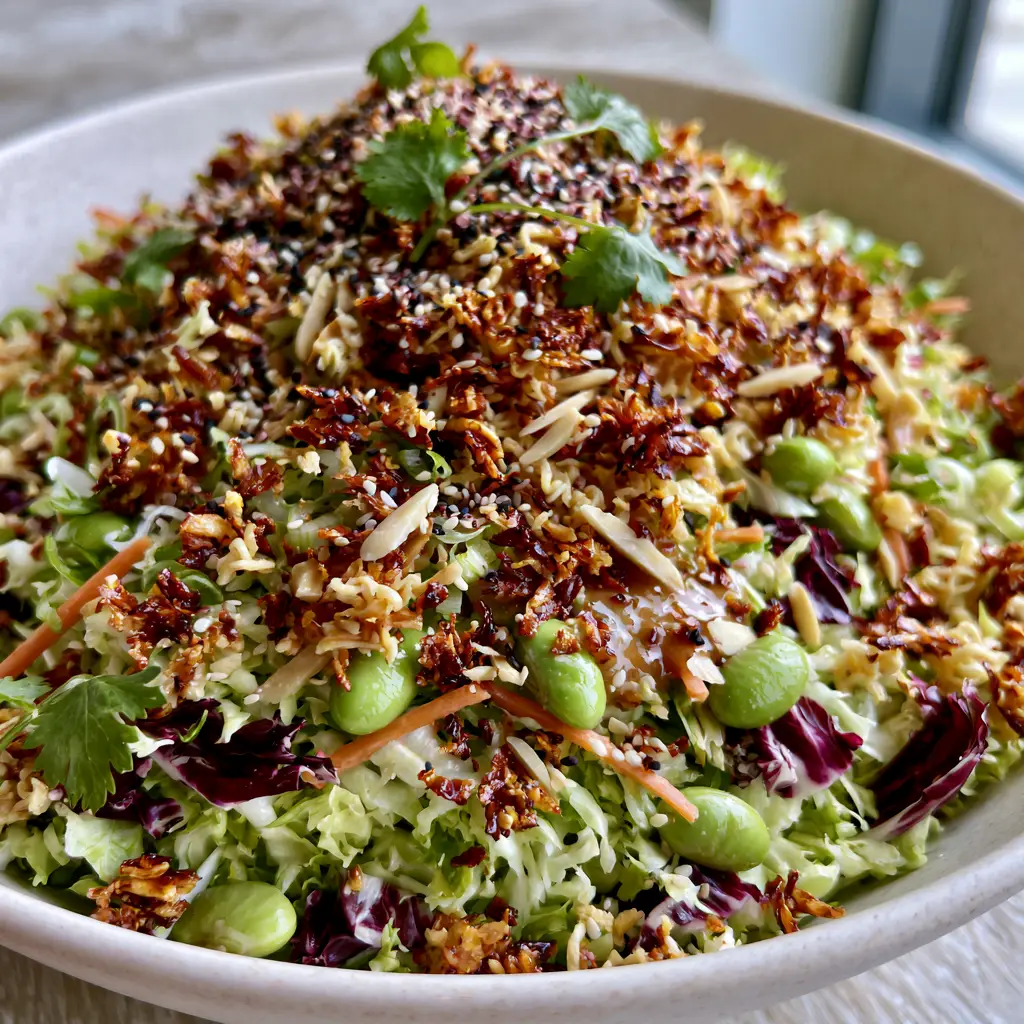 A vibrant ramen noodle salad showing julienned carrots, edamame, and black sesame seeds in a white bowl.