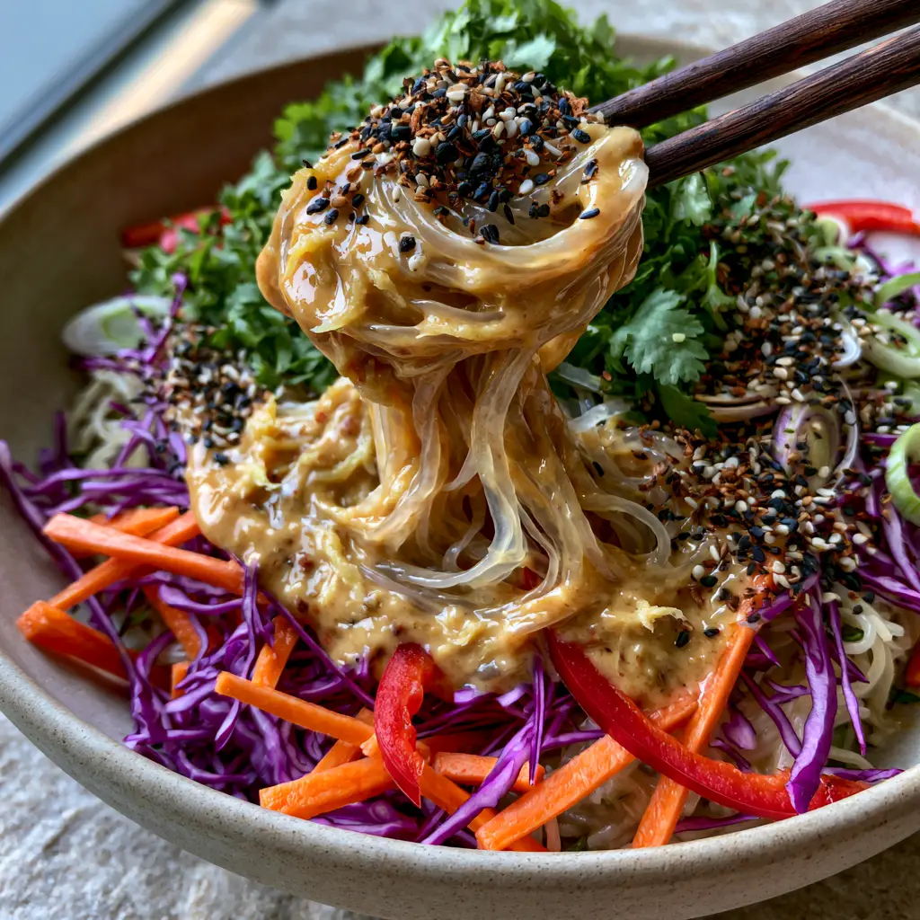 Top-down view of a vibrant noodle salad showing red peppers, cilantro, and black and white sesame seeds. (noodle salad)