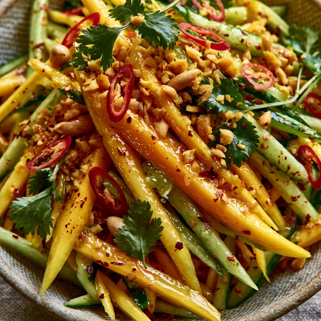 Top-down view of Mango salad garnished with crushed toasted peanuts and fresh bright green cilantro.
