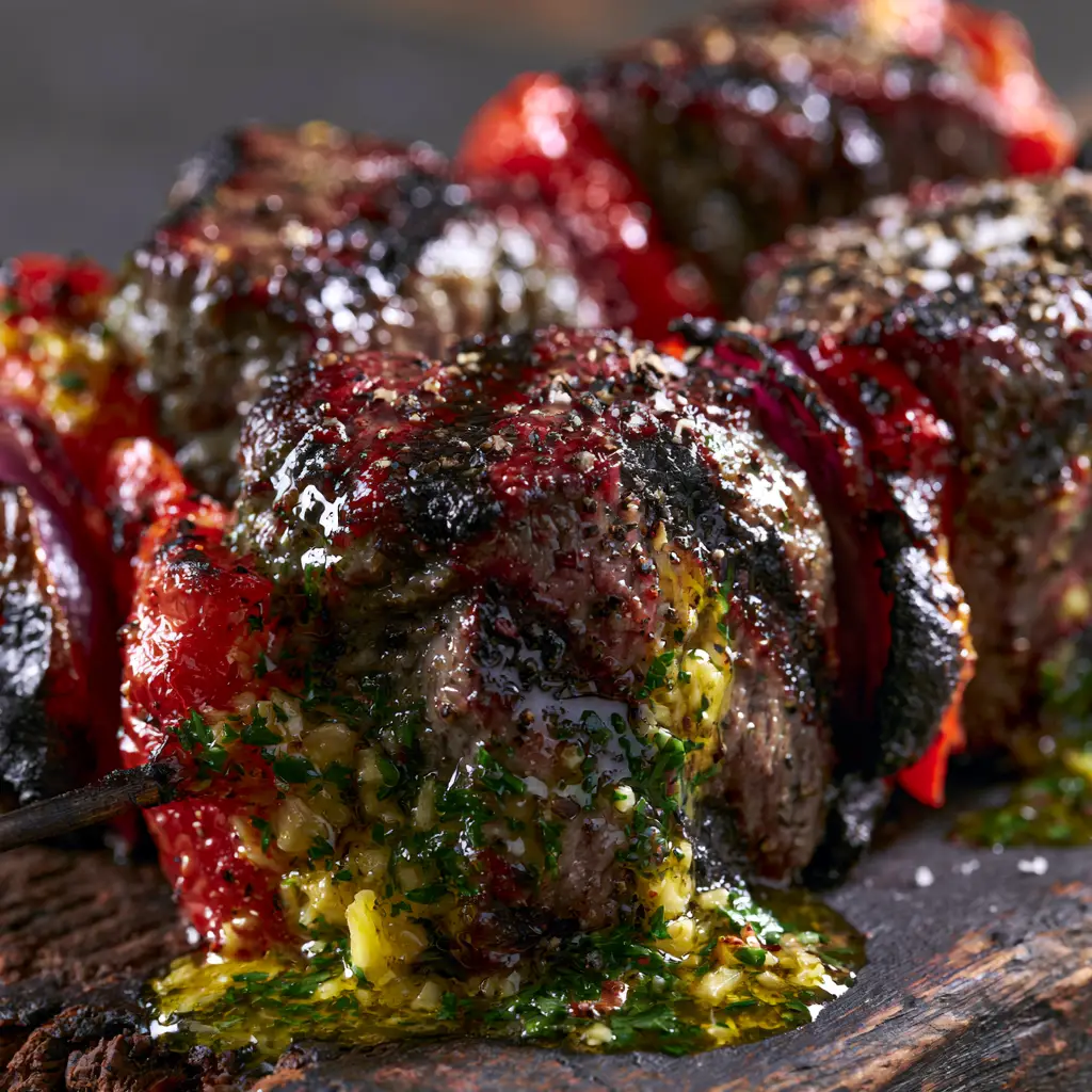 Close-up of blistered red bell peppers and charred red onions between juicy steak cubes on wooden skewers.