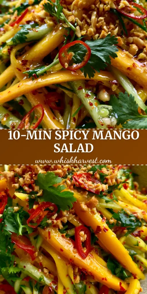 A top-down macro photo of a Spicy Thai Mango Salad with julienned mango, cucumber, and crushed peanuts in a ceramic bowl.