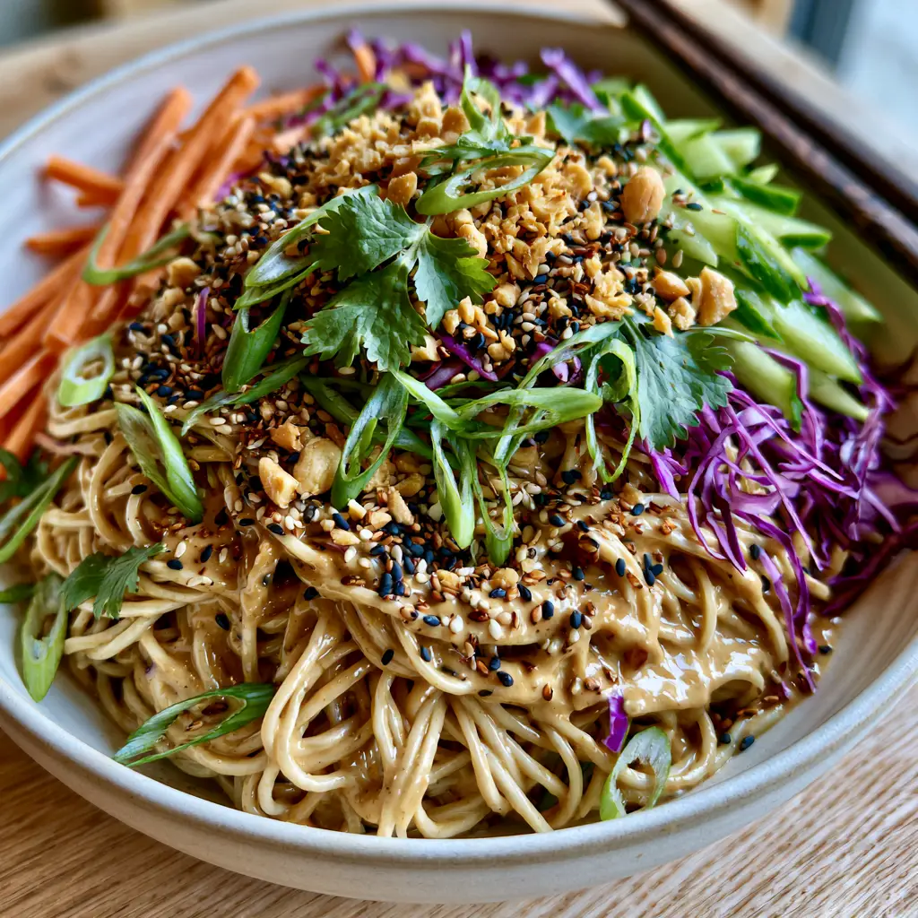 A handheld shot of a Sesame Noodle Salad bowl featuring shredded purple cabbage, matchstick carrots, and fresh cilantro.