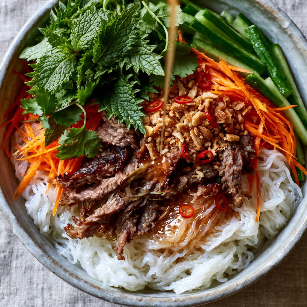 A glossy amber dressing being drizzled over a Vermicelli noodle salad with mint and crushed peanuts.