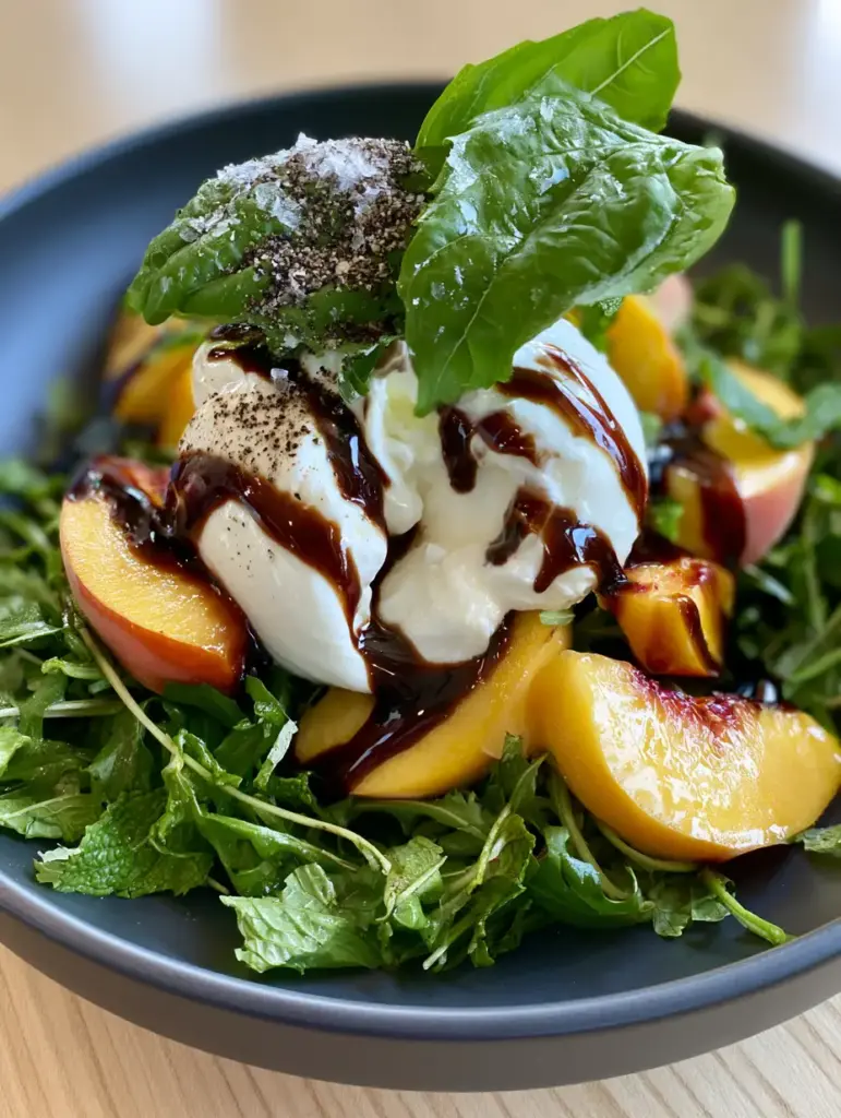 Eye-level shot of summer peach salad with emerald green basil and coarse cracked black pepper on a charcoal ceramic bowl.