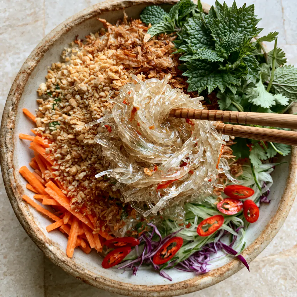 Detailed view of Vietnamese glass noodle salad ingredients including cucumber ribbons, bird's eye chilies, and glossy lime dressing in a ceramic bowl.