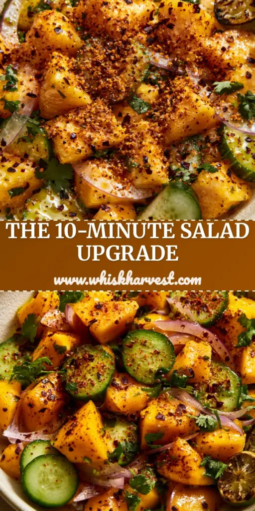 A vertical shot of Mango Cucumber Salad in a cream bowl with chili lime seasoning and charred lime wedges. (mango cucumber salad)