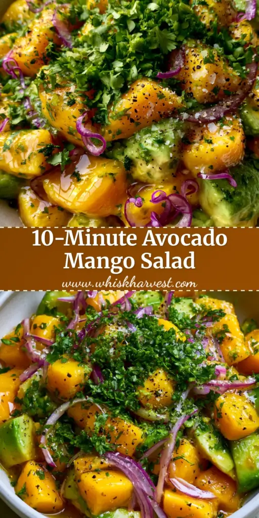 A close-up, top-down view of a vibrant avocado mango salad featuring succulent orange mango cubes and buttery green avocado chunks drenched in a glistening lime vinaigrette. (avocado mango salad)