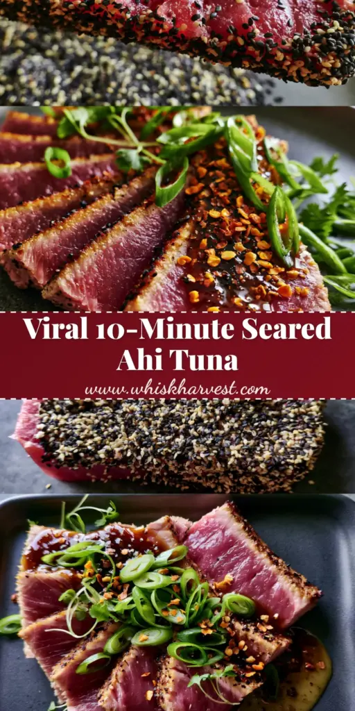A fanned out sesame-crusted tuna steak recipe with a ruby red center and glossy soy-ginger glaze on a charcoal plate.