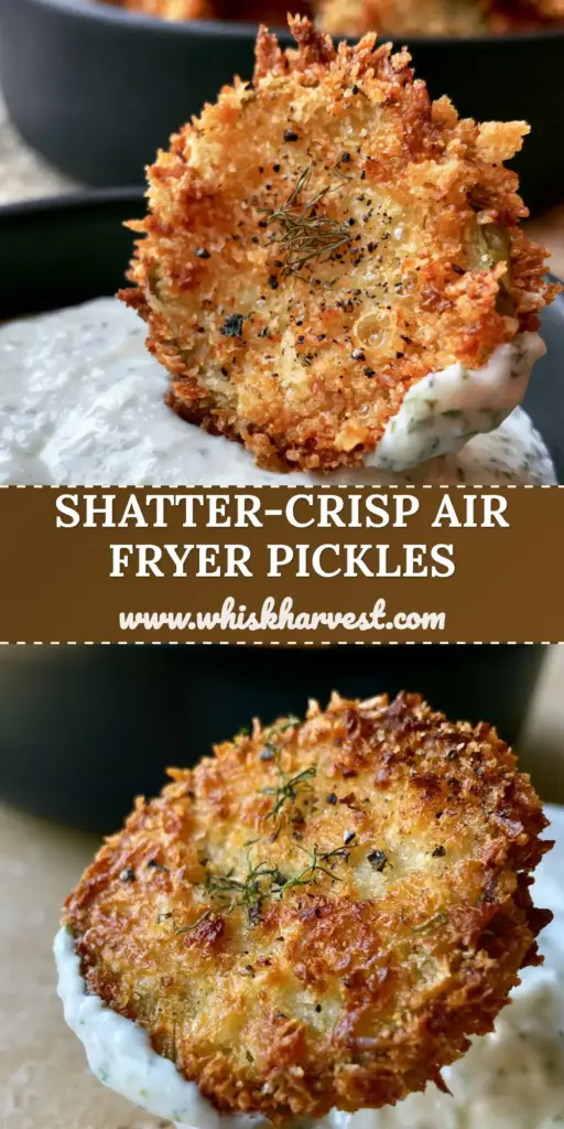 A stack of golden-brown Dill Pickle Chips with a parmesan crust and a bowl of creamy ranch dipping sauce on a stone countertop.