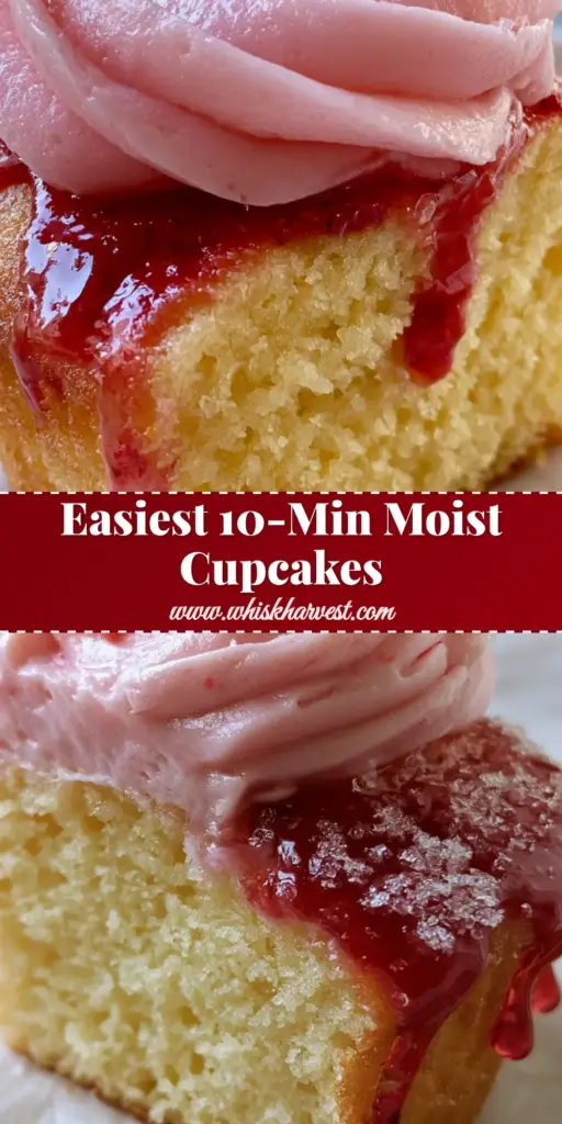 A perfectly moist golden vanilla cupcake sliced in half with glossy pink strawberry buttercream and a red glaze drip. (cupcake)