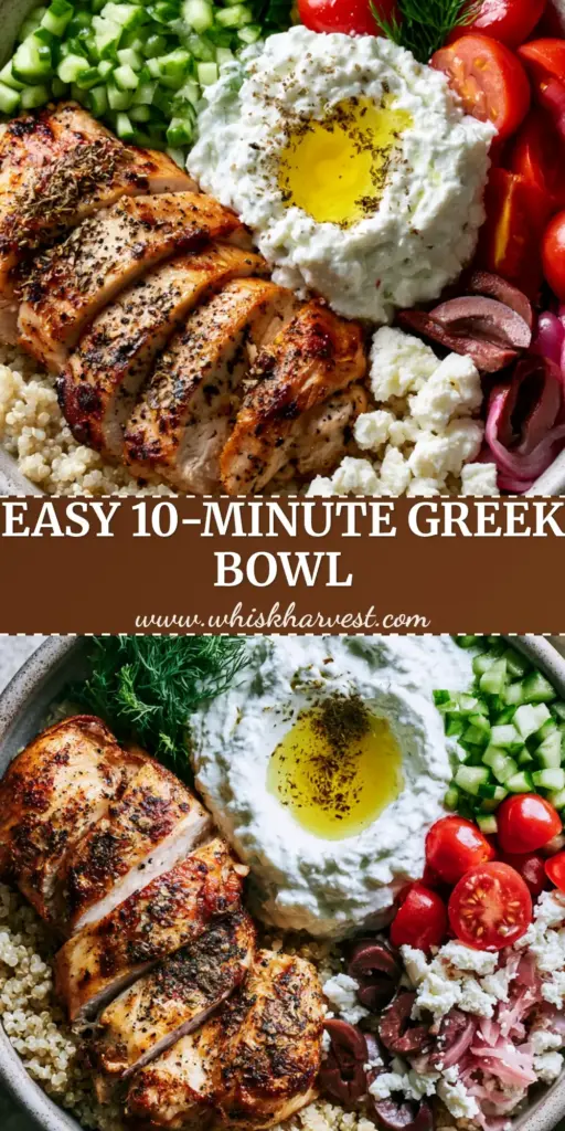 A top-down aesthetic food photography shot of a Greek Chicken Bowl featuring charred chicken strips and fluffy quinoa. (Greek chicken recipes)