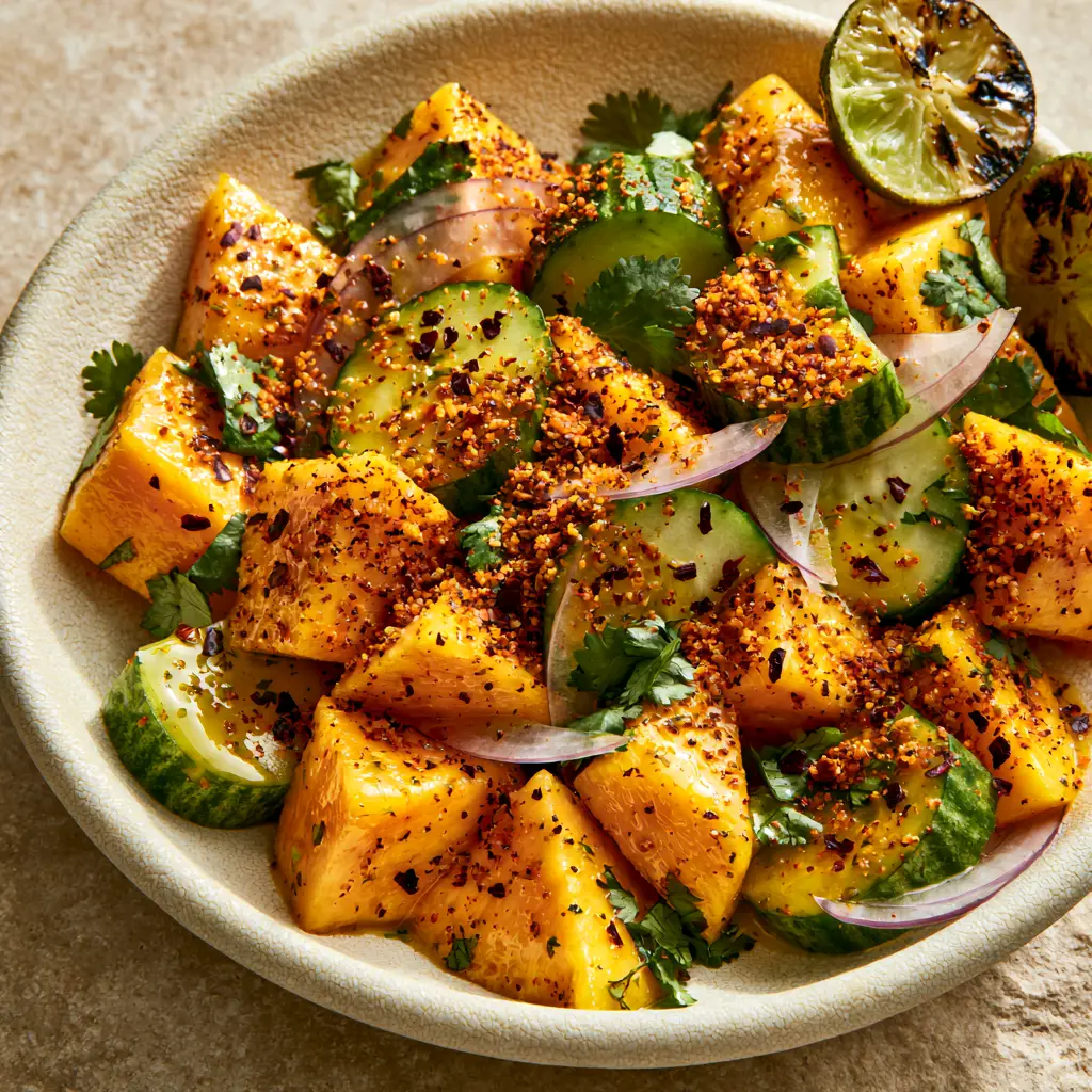 Overhead view of Mango Cucumber Salad heavily dusted with chili lime seasoning. (mango cucumber salad)