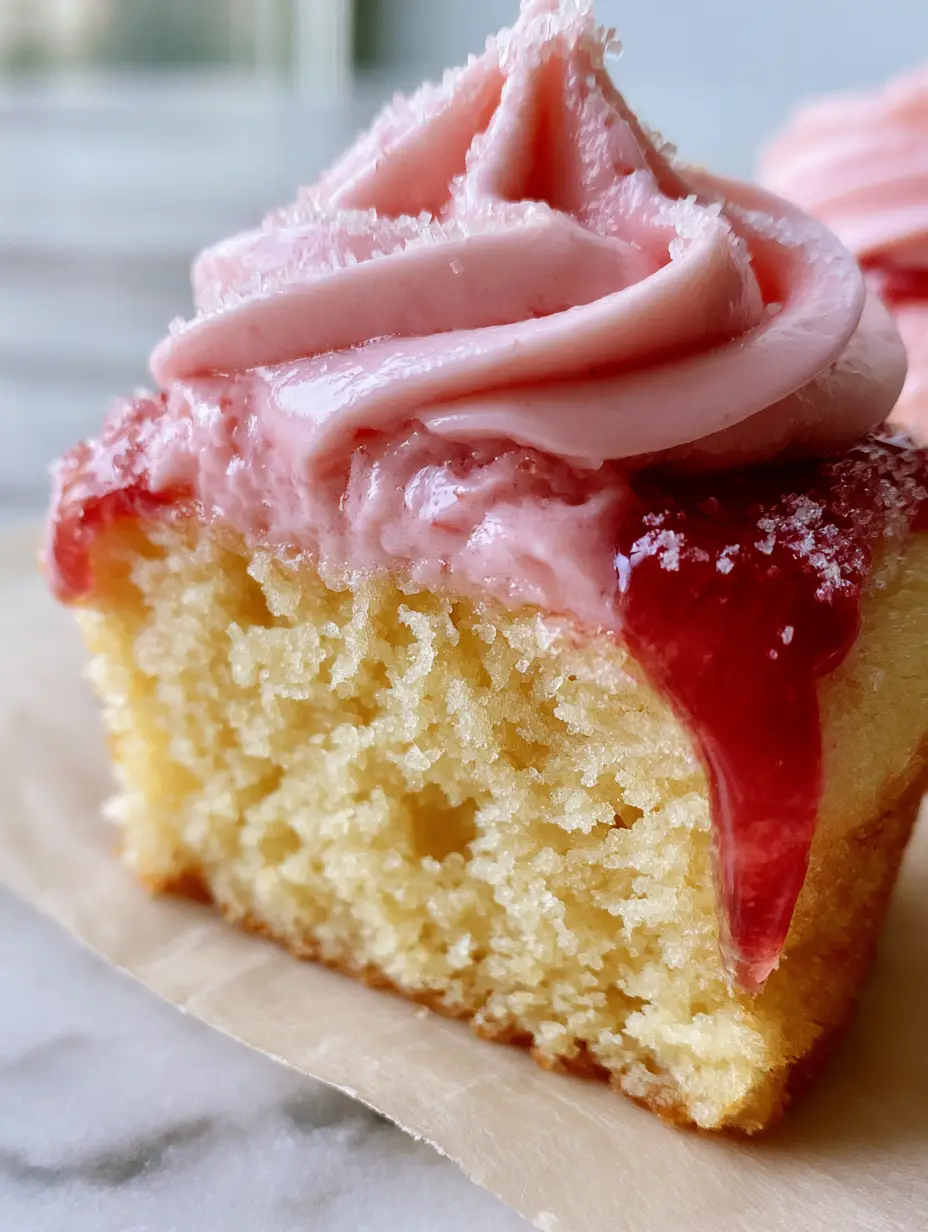 Macro close-up of a sliced cupcake showing a tender fluffy yellow cake crumb and silky pink frosting. (cupcake)
