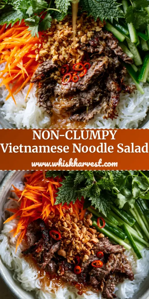 A top-down shot of a Vermicelli noodle salad featuring translucent noodles, lemongrass beef, and fresh herbs in a ceramic bowl.