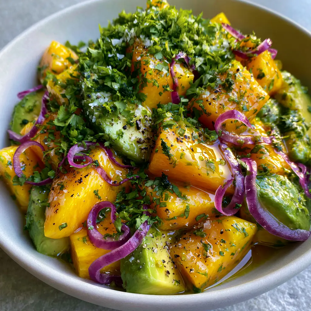 A top-down view of the completed avocado mango salad garnished with razor-thin purple onions, minced cilantro, and flaky sea salt. (avocado mango salad)