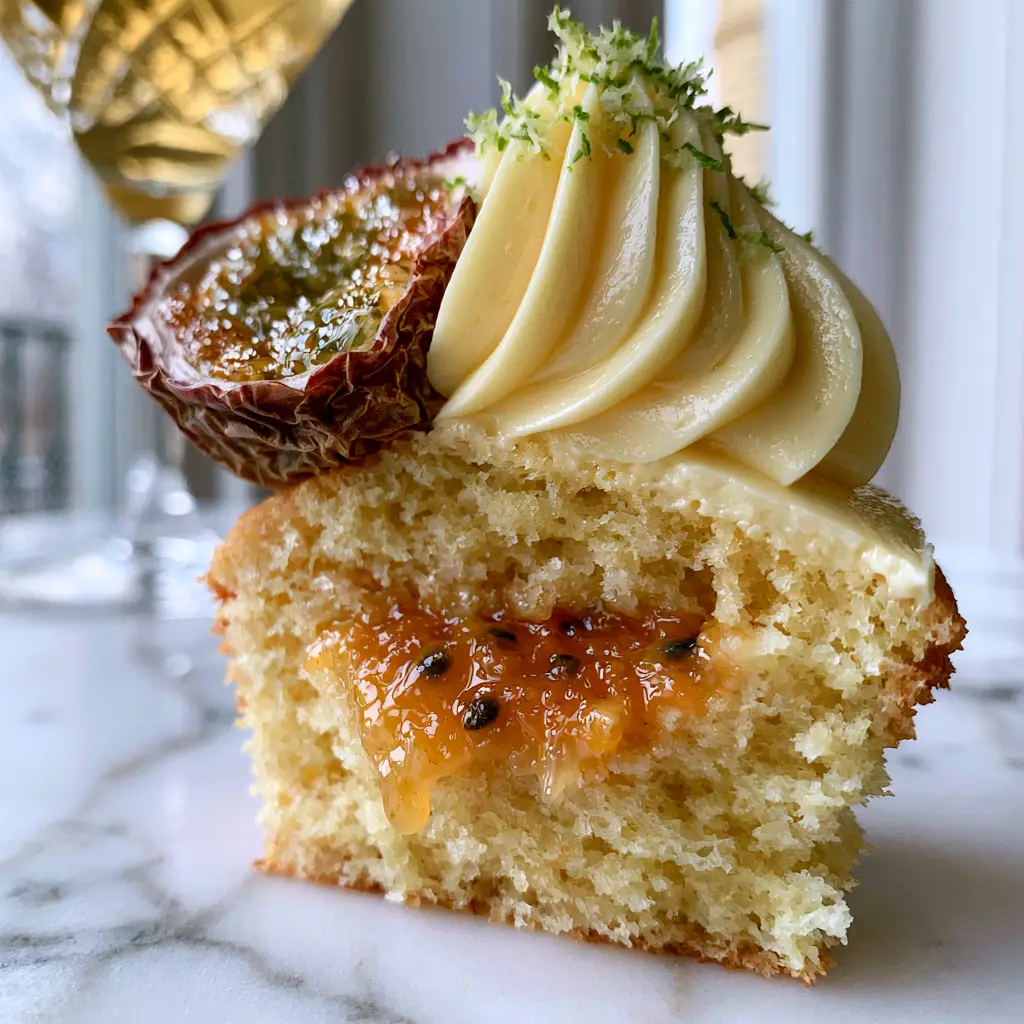 A close-up view of the tall velvety buttercream swirl and fresh passion fruit garnish. (Passion Fruit Martini Cupcakes)