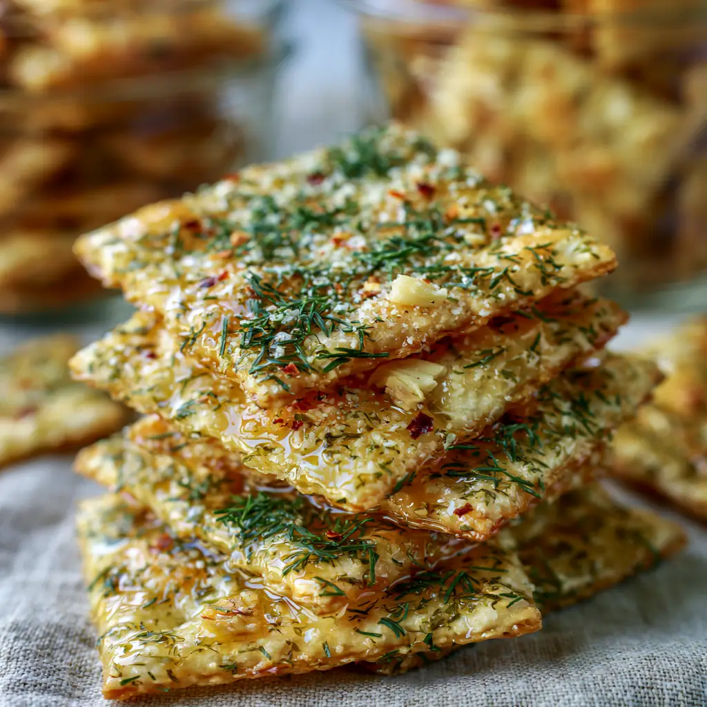 Macro shot of Dill pickle saltines with crushed red pepper flakes and minced dried garlic in the crevices.