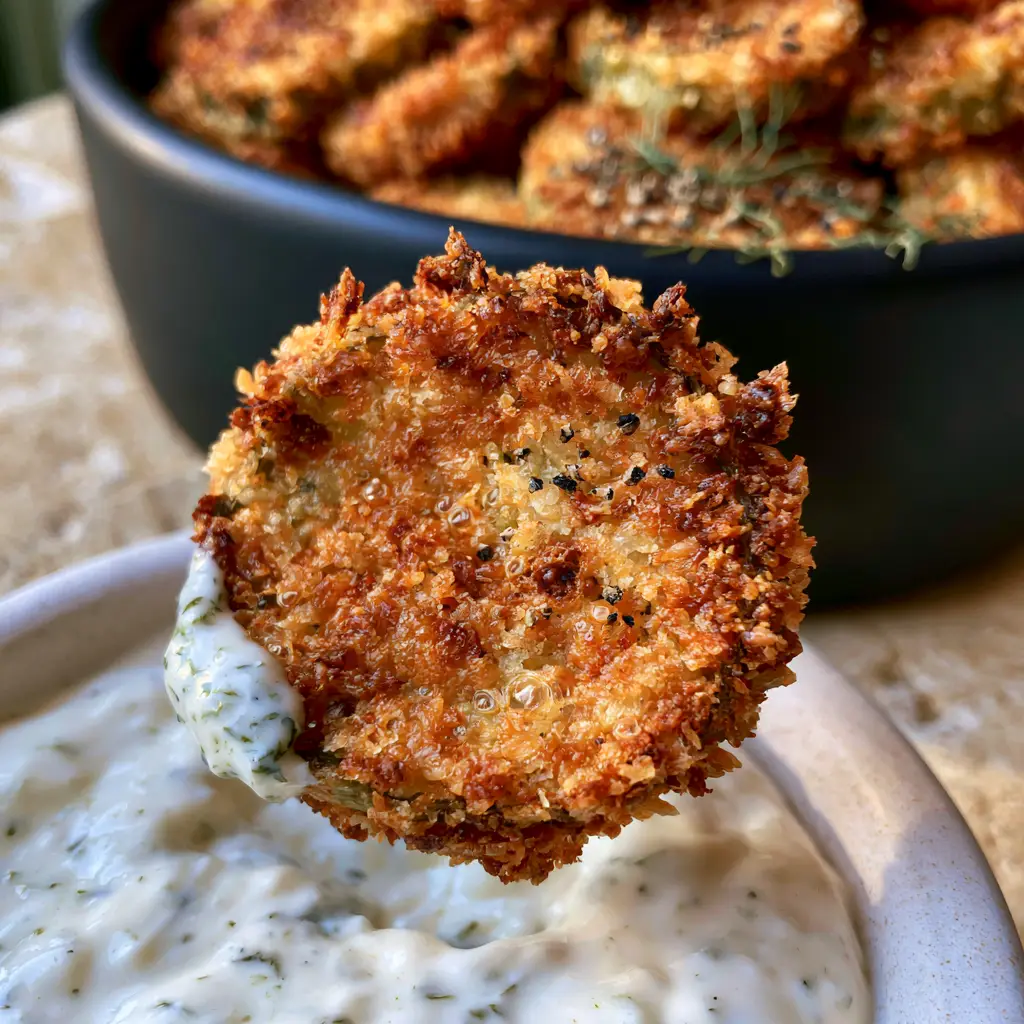 A black ceramic bowl piled high with golden-brown parmesan-crusted Dill Pickle Chips garnished with dried dill and black pepper.