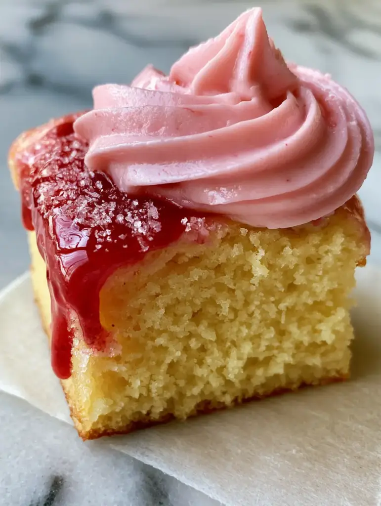 Close-up of a glossy red strawberry glaze drip cascading down a pink buttercream swirl on a golden cupcake.