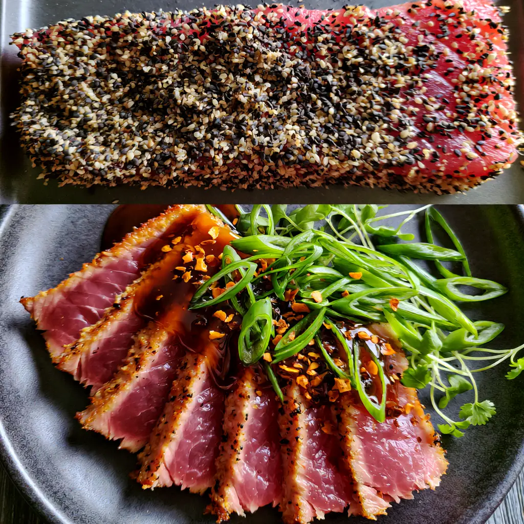 Close up of a seared tuna steak recipe showing the 2mm crust and glossy reduction drizzle.