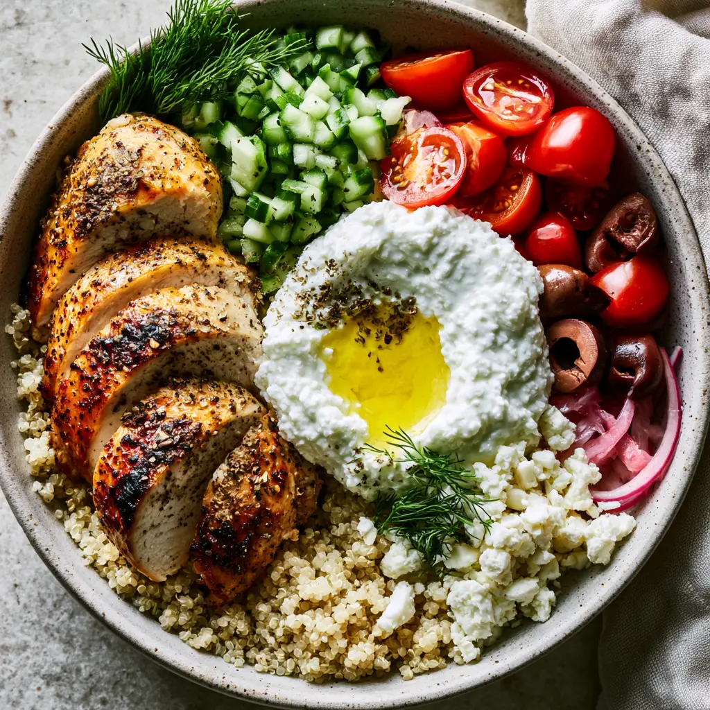 A beautiful Mediterranean bowl with tzatziki, feta, and pickled onions on a grey stone surface.