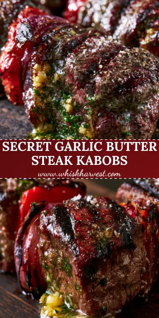 A stack of three glistening steak kabobs with melting garlic herb butter, charred onions, and red peppers on a rustic wood board. (steak kabobs)