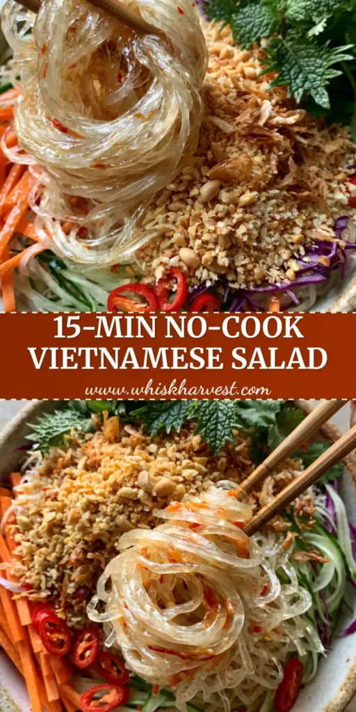A close-up vertical shot of a vibrant Vietnamese glass noodle salad featuring translucent noodles, orange carrots, and purple cabbage, garnished with crushed peanuts and fried shallots.