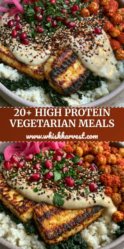 A top-down view of a Mediterranean halloumi and quinoa bowl with roasted chickpeas and lemon-tahini dressing. (high-protein vegetarian meals)