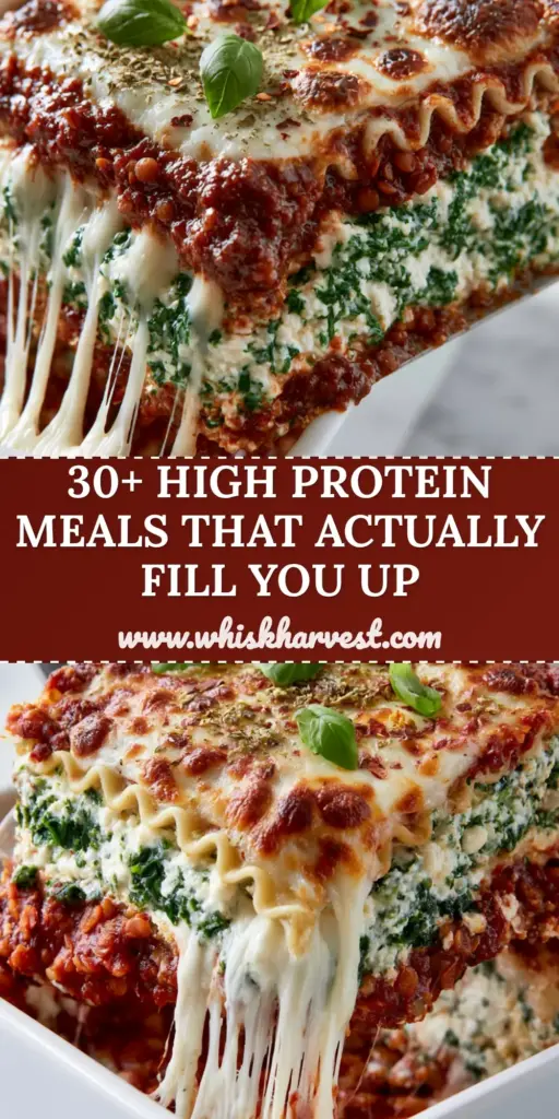 A steaming slice of red lentil and spinach lasagna being lifted with a metal spatula, showing wavy noodles and a gooey cheese pull. (30-minute vegetarian meals)