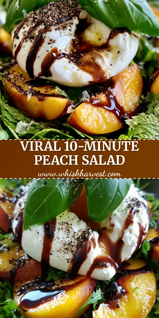 A gourmet summer peach salad with thick yellow peach wedges, torn burrata cheese, and balsamic glaze on a charcoal bowl. (summer peach salad)