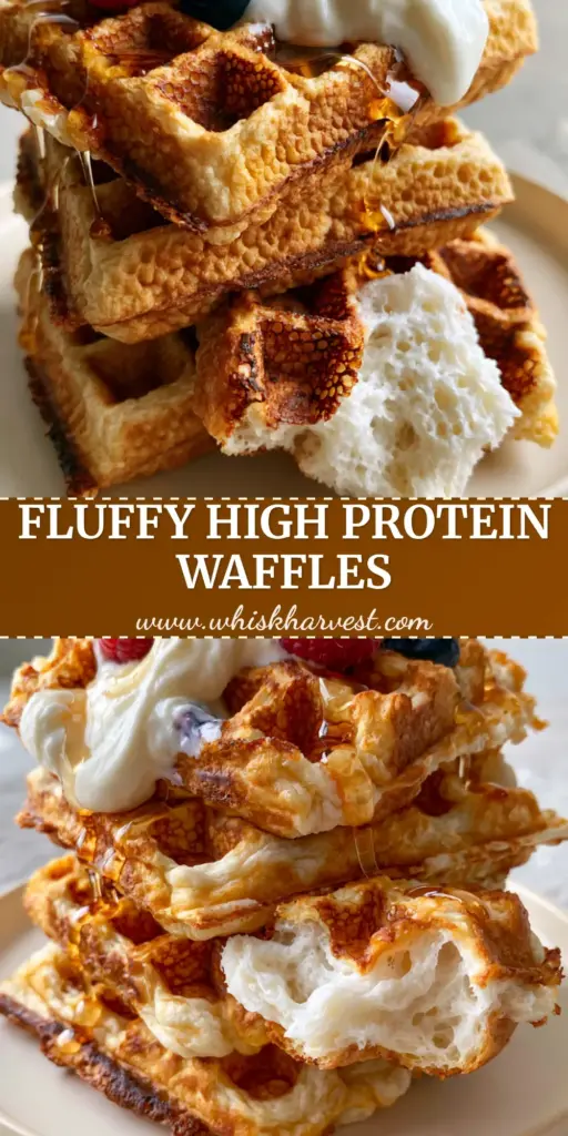 A tall stack of four crispy Greek yogurt waffles on a cream plate with a white yogurt dollop, raspberries, blueberries, and honey drizzle.