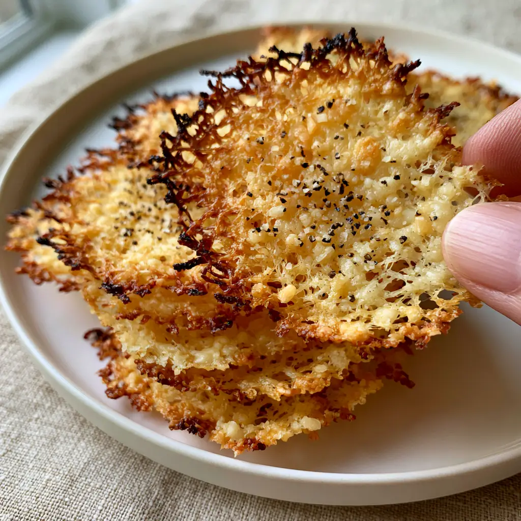 Close up of golden-brown Parmesan crisps with visible cracked black pepper grains on a minimalist ceramic plate.
