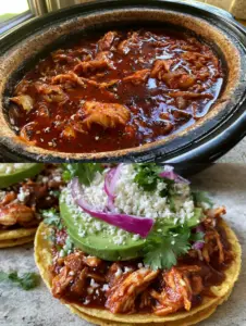 Vertical split screen showing juicy Chicken Tinga in a black slow cooker and assembled tostadas with avocado and red onion. (Chicken Tinga)